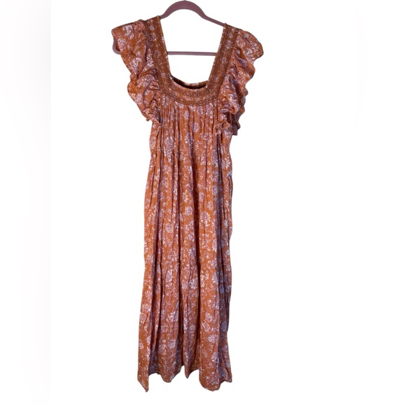 Free People Bonita Peach Floral Smocked Flutter Sleeve Midi Dress Size M - Picture 3 of 9